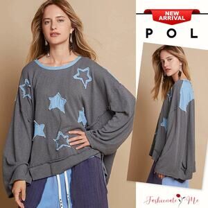 POL Exposed Seam Star Denim Patch Round Neckline Relaxed Fit Sweater | Charcoal